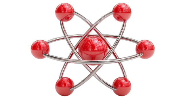 A 3D atom molecule model with connected spheres and bonds, isolated on a white or transparent png background, symbolizing science, chemistry, and structure.