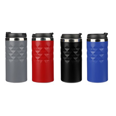 Thermos collection, top view, isolated background. Thermoses in different colors and similiar shapes. Coffee and tea thermos