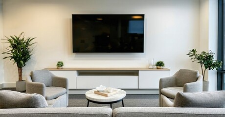 Frameless flat panel tv off hospital lounge with neutral furniture