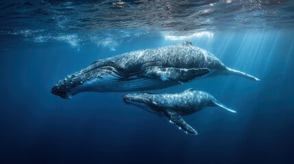 Majestic Humpback Whale Duo Swimming Beneath Azure Ocean Waters Ideal for Emotional Branding and Inspiring Projects, Boosting Tranquility and Awe.
