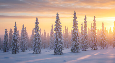 Snow-covered pine forest under golden sunrise light, capturing the peaceful beauty of winter nature