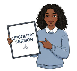 Upcoming Sermon, African American woman in blue shirt holding sign for church announcement and online worship promotion
