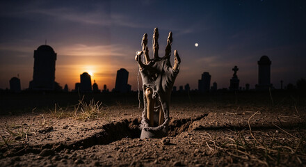 Zombie hand emerging from grave in cemetery during sunset  