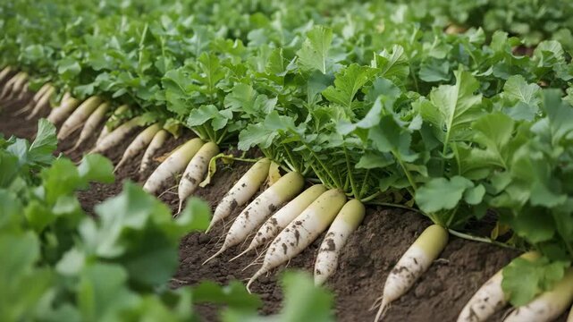 Fresh Daikon Radish Growing in Rich Soil Rows Organic Farm Harvest Ready Healthy Vegetables