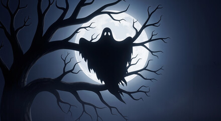 Floating ghost silhouette trapped in dark tree branches against full moon  