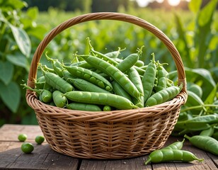 Freshly Picked Green Peas in a Wicker Basket on a Wooden Table.