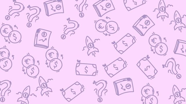 Modern animated pattern featuring rockets, dollar bills, and coins. Ideal for business, startup, and financial success themes in digital or marketing visuals