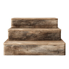 A rustic three step wooden podium with a rough textured surface isolated against a plain  isolated on transparent background, perfect cutout, PNG