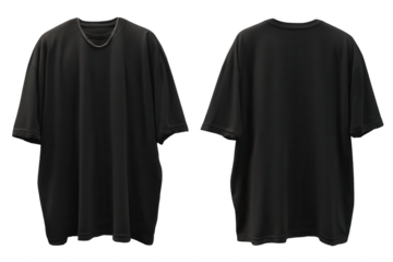A front and back view of a blank black oversized t-shirt template on a The front view features a silver chain necklace  isolated on transparent background, perfect cutout, PNG