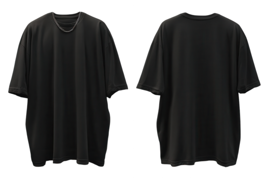 A front and back view of a blank black oversized t-shirt template on a The front view features a silver chain necklace  isolated on transparent background, perfect cutout, PNG