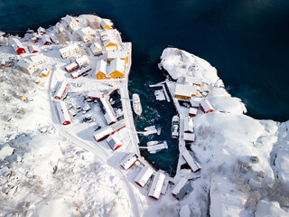 Aerial view of snow covered Nusfjord village on the Lofoten Islands, Norway