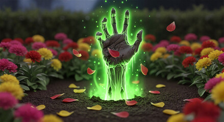 Glowing green zombie hand emerging from flowerbed with scattered petals  