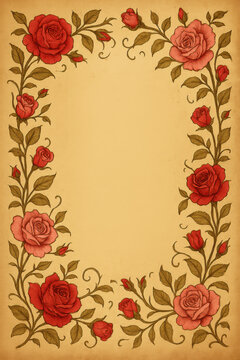 Vintage floral border with red roses green leaves and blank parchment center for invitation stationery greeting card wedding menu romantic frame and botanical decorative design layout