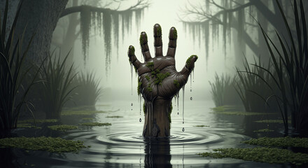 Zombie hand rising from murky swamp water with algae and dripping mud  