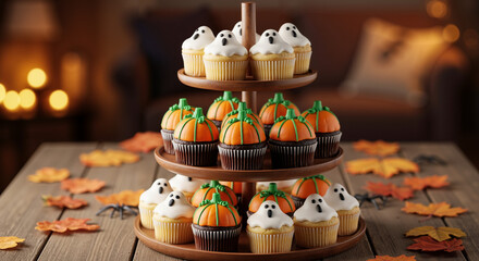 Halloween cupcakes with ghost and pumpkin frosting on tiered stand  