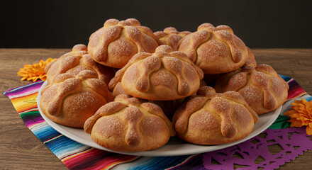 Fototapeta premium Pan de muerto, a Day of the Dead pastry, displayed on a large platter with flowers and traditionally patterned textiles.