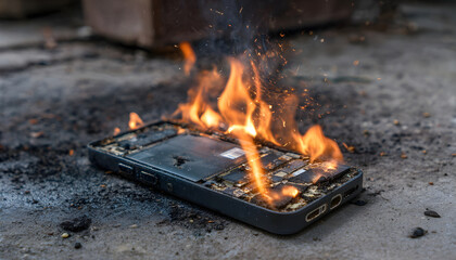 Mobile phone battery overheated burning flames Smartphone on fire Burning smartphone with bad battery exploded or overloaded processor video Overprocessed burn