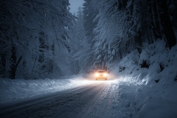 A vehicle slowly navigates a snowy forest road during a dark winter night. Snow blankets the trees and ground, creating a serene but chilly atmosphere