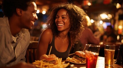 Two people share a joyful moment at dinner smiling and laughing while enjoying burgers fries and drinks in a warm busy restaurant atmosphere.