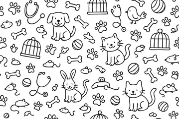 Adorable pet and vet doodle pattern featuring cats, dogs, bunnies, birds, and veterinary supplies. Vector doodle illustration