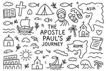 Apostle paul's journey map with religious symbols and travel icons. Vector doodle illustration