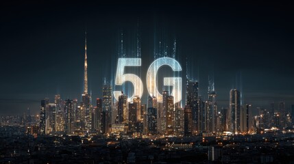 A bustling city skyline at night displays impressive skyscrapers with a striking 5G symbol glowing brightly indicating advanced connectivity and modernity.