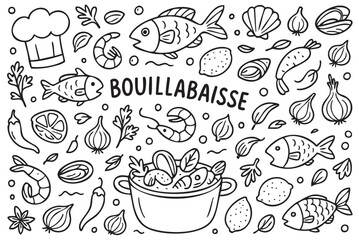 Bouillabaisse ingredients: fish, seafood, vegetables, and herbs doodle pattern. Vector doodle illustration