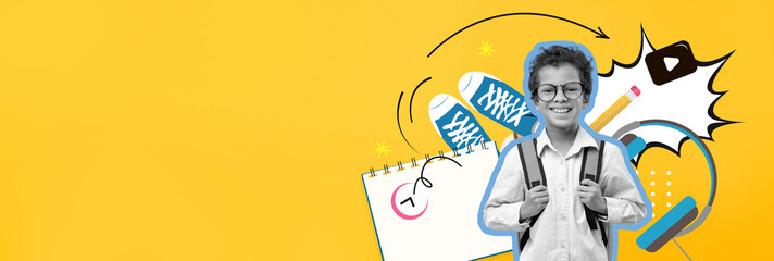 A joyful student wearing glasses smiles while surrounded by colorful school supplies and fun design elements in a vibrant yellow background, highlighting the excitement of learning.