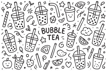 Bubble tea doodle: playful elements of drinks, straw, fruit, and stars. Vector doodle illustration