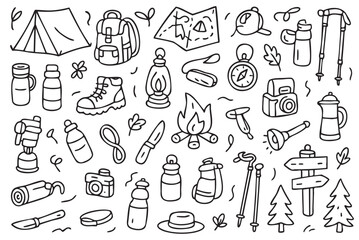 Camping essentials doodle: tent, backpack, hiking gear, campfire, map, lantern sketches. Vector doodle illustration
