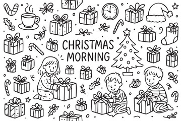 Children opening presents on christmas morning - festive holiday scene with gifts and decorations. Vector doodle illustration