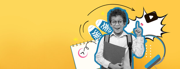 A young student with curly hair and glasses smiles while holding a folder. Colorful elements like sneakers, notebooks, and headphones surround him, adding energy to the scene.