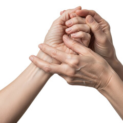 Fototapeta premium Aged human hands with pale skin, fine lines, and veins gently cradling a wrist on a transparent background, close-up macro shot with copy space, concept of empathy and support