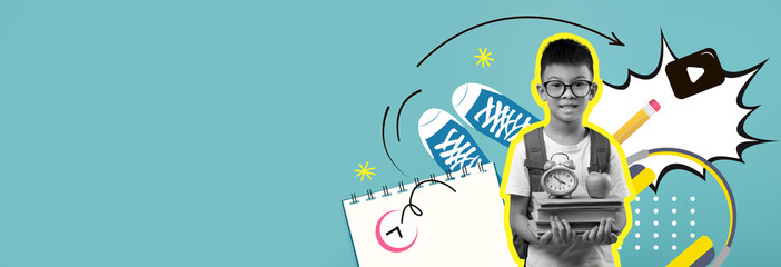 A cheerful student is ready for the school year, holding books and an apple. Surrounding elements include sneakers, a clock, and a calendar, suggesting preparation and excitement for learning.
