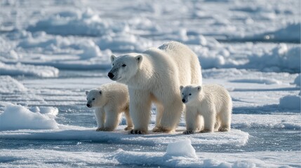Three Resilient Polar Bears Standing on Contaminated Arctic Ice, Perfect for Environmental Awareness Campaigns, Evoking Sense of Tranquility and Concern.
