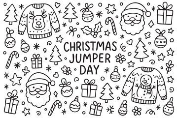 Festive christmas jumper day with santa, reindeer sweaters, and holiday decorations. Vector doodle illustration