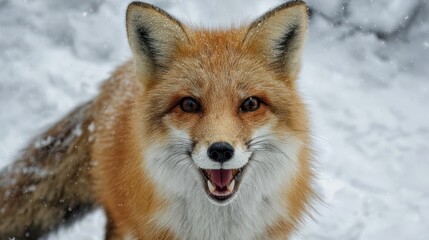 Fototapeta premium Striking Portrait of a Growling Red Fox in Snowy Landscape Perfect for Highenergy Campaigns or Seasonal Marketing.
