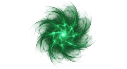 Ethereal emerald green nebula with shimmering, spiraling tendrils and a luminous core, against a transparent background with copy space, radiating calm energy. Concept of meditative tranquility
