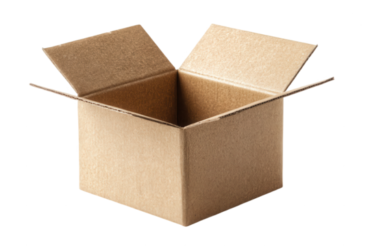 A single empty brown cardboard box sits open with its flaps up against a solid  isolated on transparent background, perfect cutout, PNG