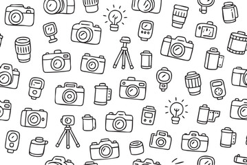Fototapeta premium Hand-drawn camera and tripod pattern with various photography icons. Vector doodle illustration