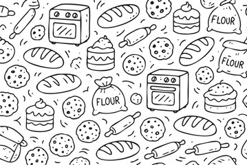 Hand-drawn baking pattern with bread, cakes, cookies, ovens, flour, and rolling pins. Vector doodle illustration