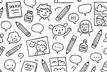 Hand-drawn comic strip elements with speech bubbles, pencils, and cartoon characters. Vector doodle illustration