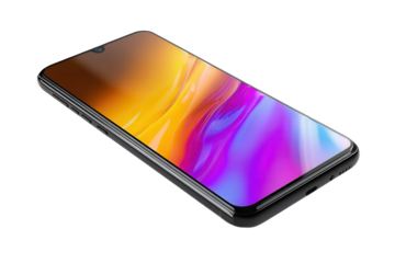 A modern black smartphone angled on a its vibrant abstract screen glows with warm yellow and cool purple colors  isolated on transparent background, perfect cutout, PNG
