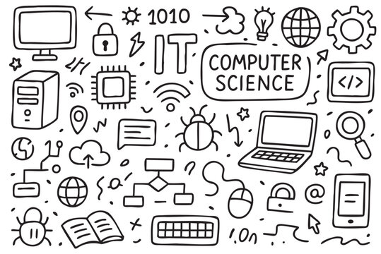 Hand-drawn computer science doodles featuring it symbols and technology icons. Vector doodle illustration