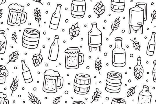 Hand-drawn beer pattern with barrels, mugs, and hops in black and white design. Vector doodle illustration