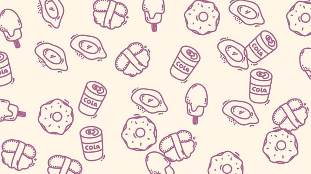 Seamless cartoon-style pattern of donuts, soda cans, pretzels, and ice cream in sketchy doodle lines on light background. Perfect for fun and creative design projects.