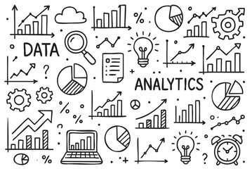 Naklejka premium Hand-drawn data analytics icons with charts, graphs, and magnifying glass. Vector doodle illustration
