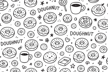 Fototapeta premium Hand-drawn doughnut pattern with cups, lollipops, and stars illustrations. Vector doodle illustration