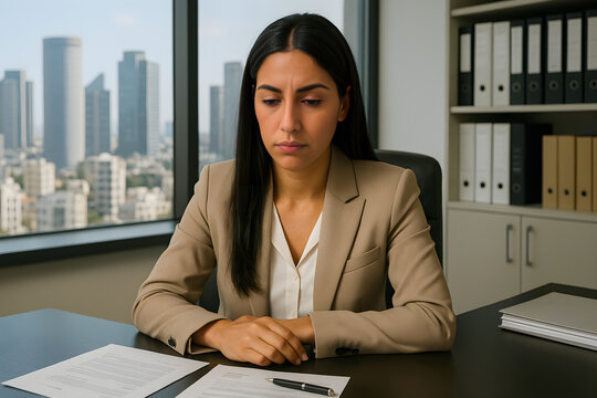 A woman in a business suit sits at a desk with a stack of papers in front of her