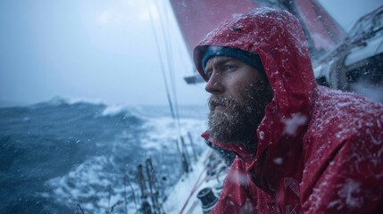A sailor sits on a boat wearing a red jacket as snow falls and waves crash around him. The stormy sea creates a dramatic scene highlighting his determination amid the harsh weather.